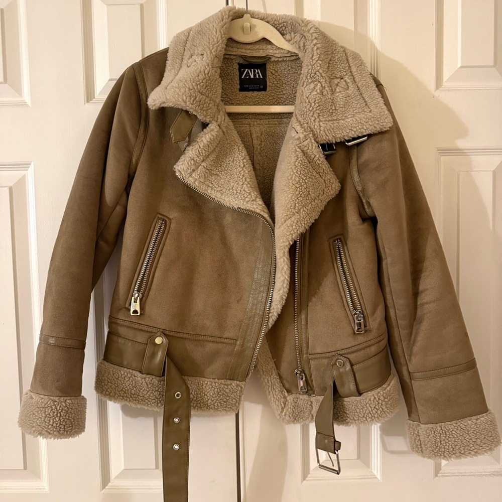 Zara Beige Shearling Sherpa Lined Faux Suede Jacket - Picture 3 of 10